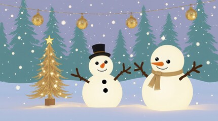 Whimsical digital art illustration of two smiling, illuminated snowmen alongside a glittering golden Christmas tree