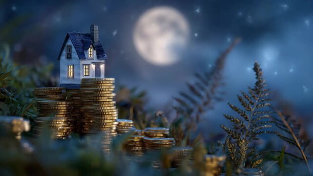 7Artistic macro composition of a charming cottage resting on unstable towers of coins, illuminated with cinematic light, symbolizing the delicate balance of housing economics