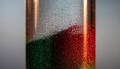Red and green glitter settles inside a clear sensory liquid motion tube