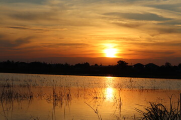 Golden Hour Over Water: The sky ablaze with color as the sun dips below the horizon, casting a warm glow over a tranquil body of water, reflected in the calm surface. 