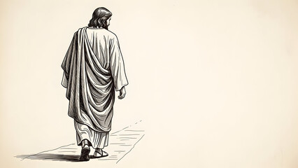 Obraz premium Detailed Sketch of Jesus Walking, Rendered with Fine Lines in Rear View, Minimalist Composition with No Background and Ample Copy Space for Creative Use