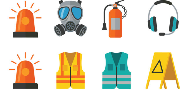 A flat design vector collection of safety and PPE icons including a siren, gas mask, fire extinguisher, ear defenders, high-visibility vests, and a wet floor caution sign
