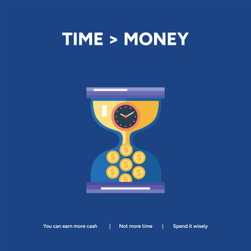 An hourglass with a clock face and coins flowing, symbolizing time being more valuable than money, on a dark blue background