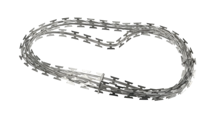 Isolated coil of razor wire for security fencing, sharp obstacles, barrier for trespassers