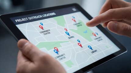Brainstorming for nonprofits concept. A person interacts with a digital map displaying community outreach locations on a tablet.