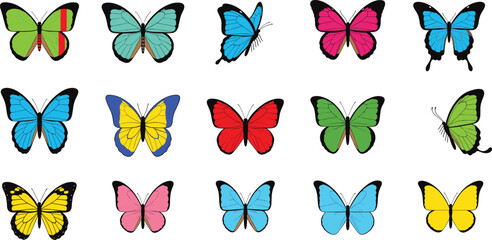 A large, vibrant collection of fifteen colorful butterflies in different styles and poses, including blue, pink, red, green, and yellow wings, perfect for nature and spring design © Shefali