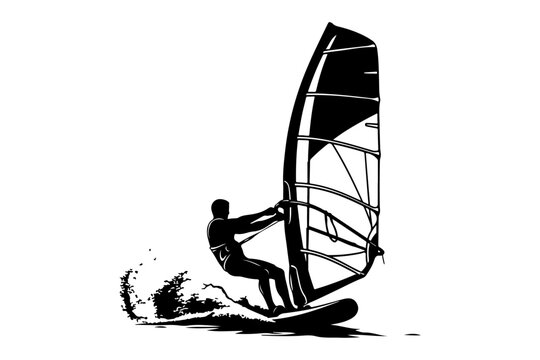 Silhouette of a windsurfer riding a wave with sail catching the wind on a white background, dynamic water splash