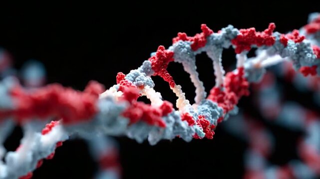 Exploring the Intricacies of DNA Structure: A Close-Up View of the Double Helix Featuring Colorful Nucleotide Chains in Red and Blue, Revealing the Complexity of Genetic Material