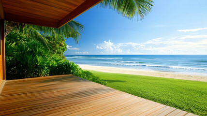 Secluded beachfront bungalow with wooden terrace, palm tree, blue sky, and ocean view