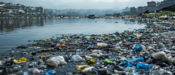 The polluted riverbank, littered with plastic waste, demonstrates the consequences of irresponsible behaviour towards the environment, providing a powerful backdrop for environmental presentations  