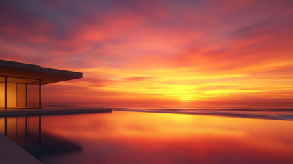 Modern beach house, tranquil sunset, infinity pool, ocean view, serene atmosphere