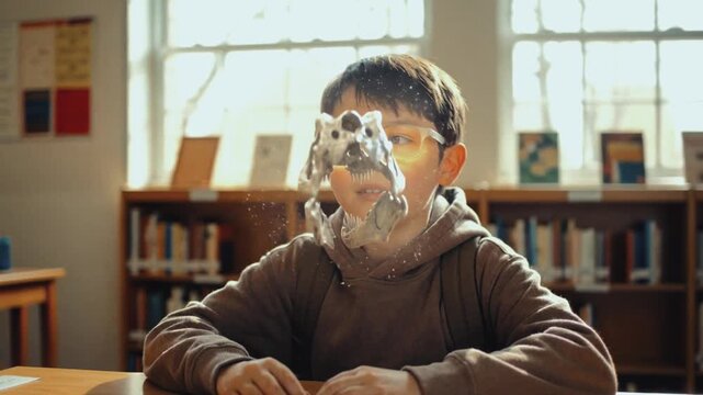 Young boy watching a 3D hologram of a dinosaur skull in a school library. Student learning science with augmented reality technology. Future of education concept