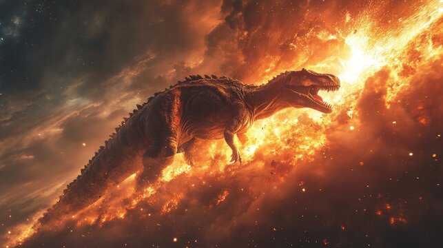 A huge dinosaur in fiery chaos symbolises climate catastrophe, creating a dramatic backdrop for discussing environmental threats.