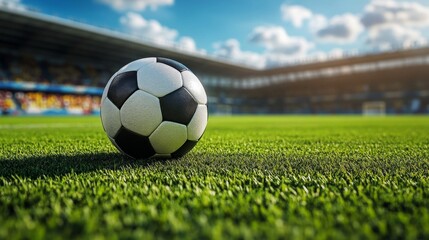 A football on green grass under the open sky embodies the spirit of sport, making it the perfect dynamic backdrop for advertising sporting events and active leisure activities.