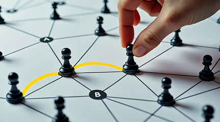 Strategic thinking concept with a hand moving a chess piece across a network of interconnected nodes and lines