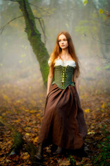 Fototapeta premium Red-haired woman in a medieval green cloak and corset posing in a mystical mossy forest, evoking an elven fairy-tale atmosphere with ethereal light and magical fantasy vibes. 