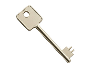 Isolated modern key, security item for opening doors, metallic material, silver color