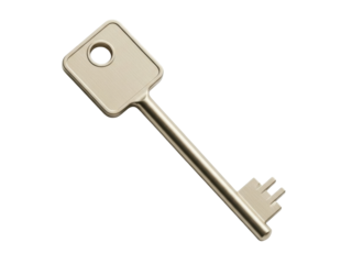Isolated modern key, security item for opening doors, metallic material, silver color