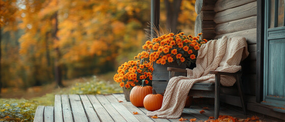 A cosy wooden house with autumn flowers and pumpkins on the porch creates a warm atmosphere, ideal as a backdrop for autumn holidays or cosy family cards.