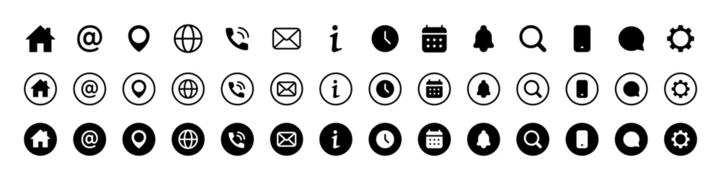 UI icons. Home, at sign, location pin, globe, phone, mail, info mark and other interface elements in mixed outline and solid style. Communication and navigation tools for apps sign and web design.