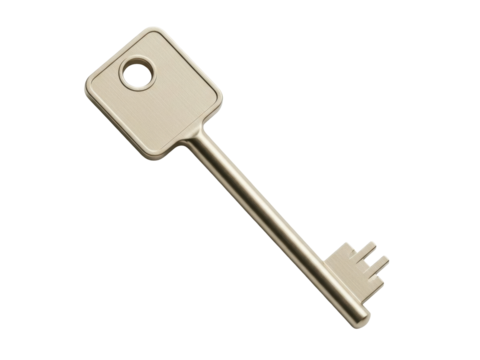 Isolated modern key, security item for opening doors, metallic material, silver color - Powered by Adobe