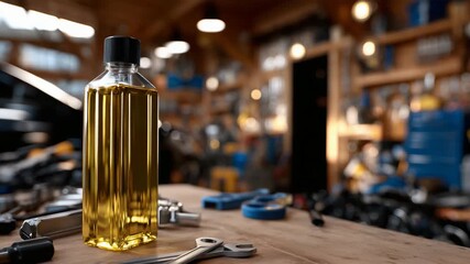 21Motor oil bottle mockup on table with repair tools arranged around, warm indoor light highlighting reflective surface