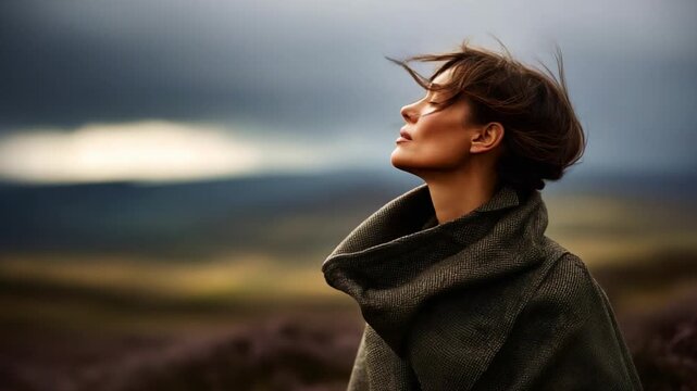 A contemplative moment captured against a dramatic sky, showcasing a woman enjoying the serenity of nature, wrapped in a cozy shawl while her hair flows in the gentle wind.