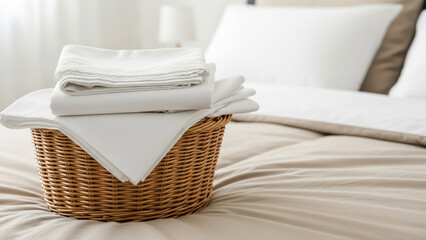 Fresh laundry basket with clean white sheets on bed  