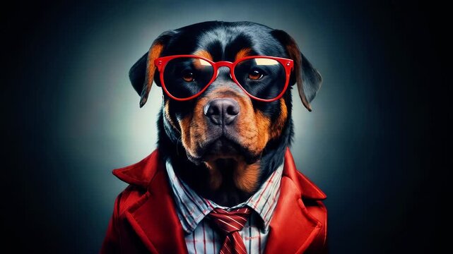 Stylish dog in red jacket and glasses poses confidently, showcasing personality and charm, with a dramatic lighting effect enhancing the scene