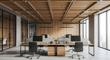 Spacious modern office environment featuring warm wooden ceilings and sleek, minimalist desks for a productive workspace.