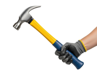 Isolated hand wearing safety gloves holding claw hammer in repair and construction project