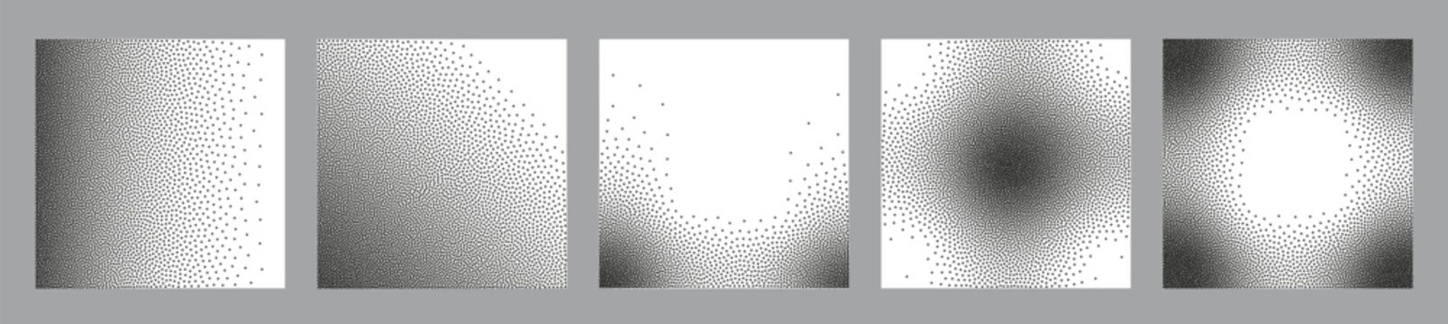 Stipple effect texture set with soft gradient fade. Grainy white backgrounds, halftone dot patterns, and dusty particle overlays for creative projects.