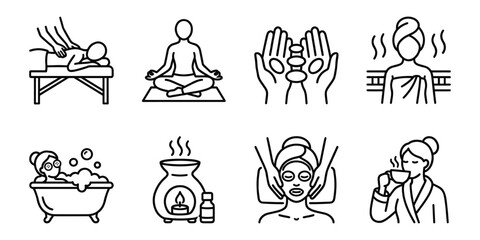 Spa salon and wellness beauty treatment line icons set