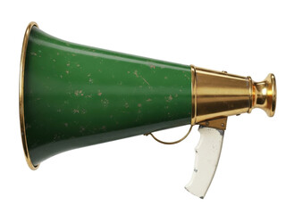 Isolated vintage megaphone made of green painted steel and golden brass on no background
