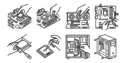 PC building and computer hardware assembly process line illustration set