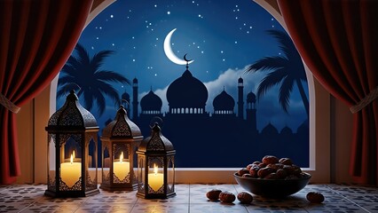 Lanterns and candles illuminate a serene window view of a moonlit mosque silhouette, surrounded by palm trees, celebrating the festive spirit of Eid Mubarak with a tranquil ambiance