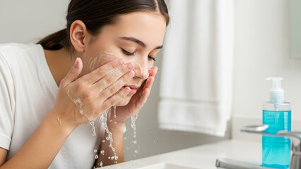 Teenage girl washing her face with cleanser at bathroom sink  