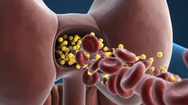Thyroid Gland Hormonal Activity - This video showcases the thyroid gland with yellow hormonal particles interacting within the endocrine system.