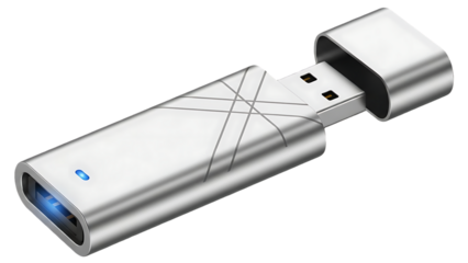 Silver usb flash drive detailed view isolated on transparent background