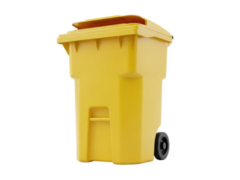Isolated yellow garbage can with lid, wheel, and handle for residential waste collection