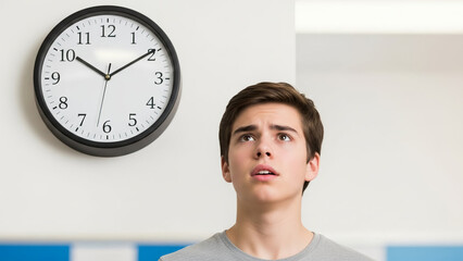Teen checking time on wall clock with worried expression indoors  