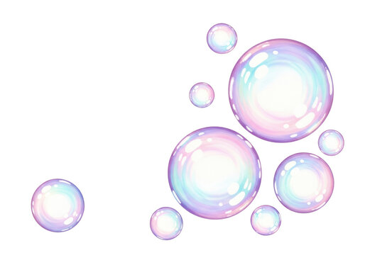 A gentle watercolor illustration of iridescent soap bubbles in pastel pink, blue, and lavender, floating on a transparent background with copy space, concept of delicate beauty and innocence