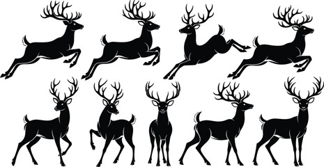 Set of Majestic Deer and Reindeer Buck Silhouettes with Large Antlers, Black Vector Collection of Jumping, Running, and Standing Wildlife Animal Poses for Design