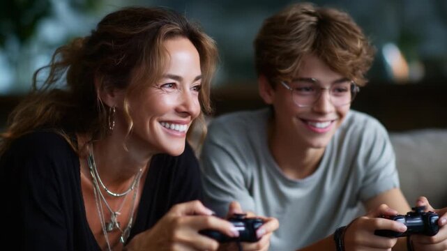 A Joyful Gaming Session: A Mother and Son Enjoying Quality Time Together While Playing Video Games, Bonding Over Laughter and Friendly Competition at Home.