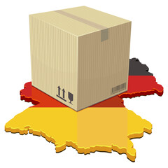A cardboard shipping box placed on the Germany map (flag colors). Concept for e-commerce, national logistics, delivery service, or imports/exports in Europe. (cut out)
