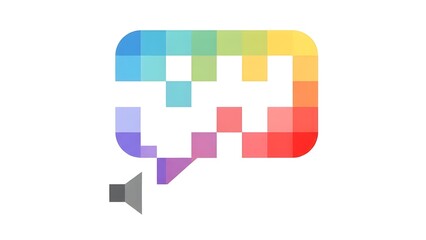 Abstract colorful pixel art speech bubble icon with rainbow gradient squares representing digital communication and creative messaging on white background