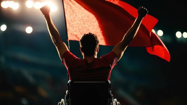 Triumph in Motion: A determined athlete on a wheelchair, celebrates victory by raising a red flag high in an arena, embodying perseverance and achieving their goal. 