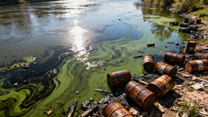 Fototapeta premium Polluted Riverbank with Rusty Drums and Algae Accumulation Under Bright Sunlight
