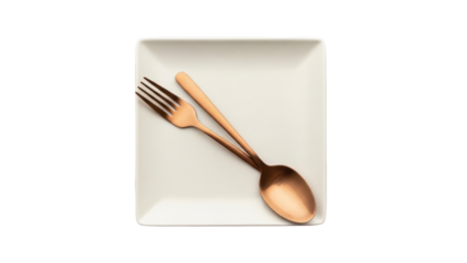 Isolated copper cutlery on neutral-toned dish for dining or plating presentation, elegant