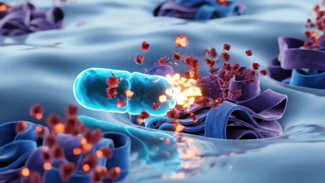 Ibuprofen binding to COX enzymes, depicted as intricate protein structures on cell membranes. When the glowing ibuprofen molecule locks into place, downstream inflammatory particles dim visibly